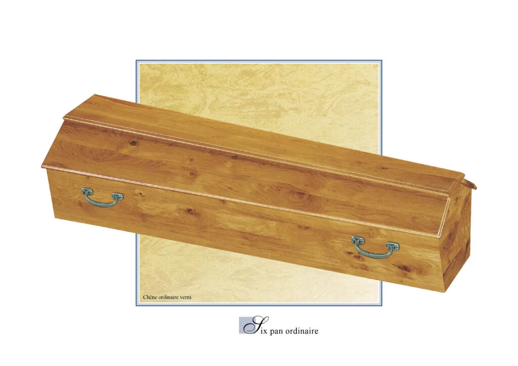Cercueil en bois teinté miel avec poignées métalliques