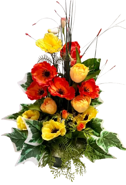 Bouquet funéraire de fleurs artificielles aux couleurs vives avec pavots jaunes, rouges et feuillage